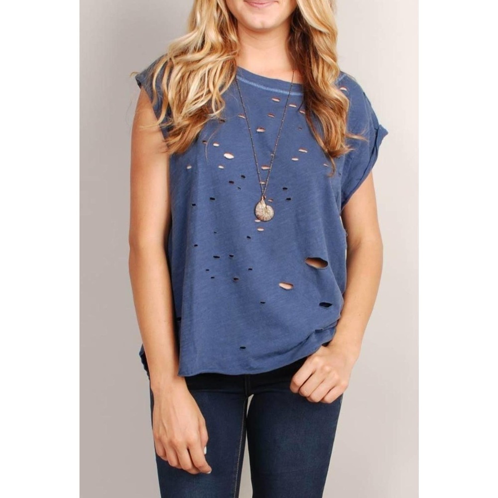 𝅺FREE People Shredded Muscle Tee Distressed Relaxed Fit Tshirt Blue Size Small